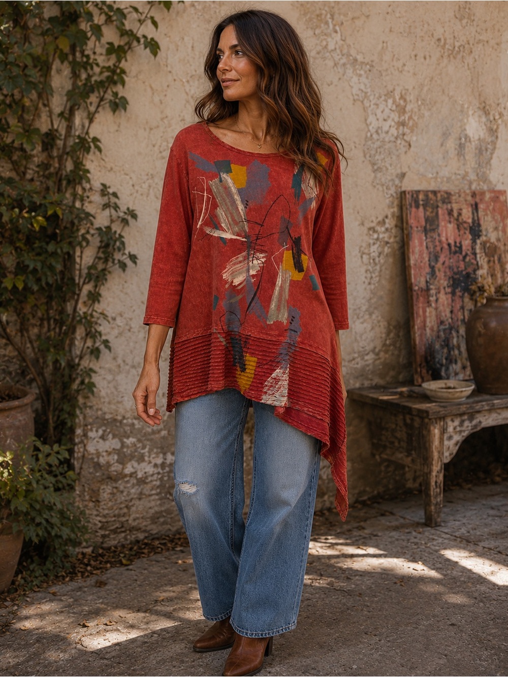 Jess & Jane Artsy Lagenlook Abstract Tunic Top Asymmetrical Hem Red Medium
